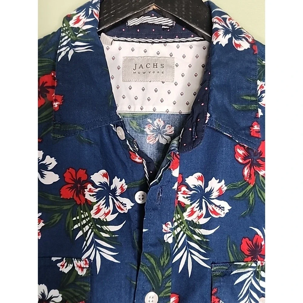 Jachs NY Mens Navy Blue Floral Cotton Short Sleeve Button Down Shirt Preppy M